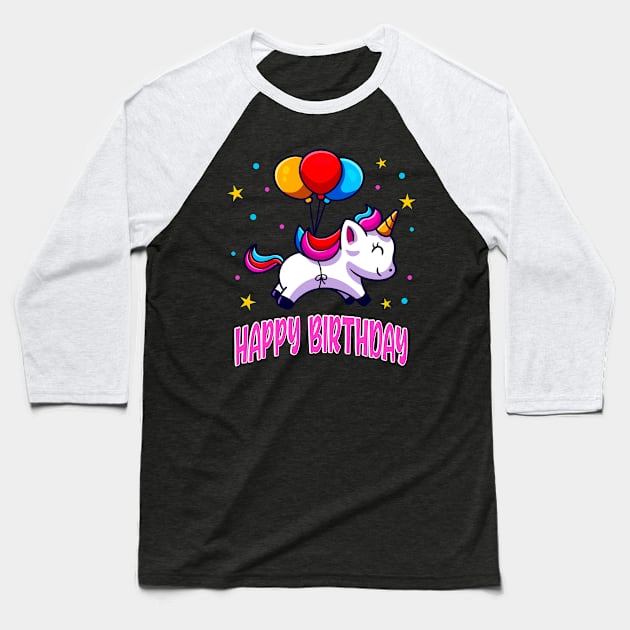 Happy Birthday Cute Unicorn Balloons Kids Baseball T-Shirt by Foxxy Merch